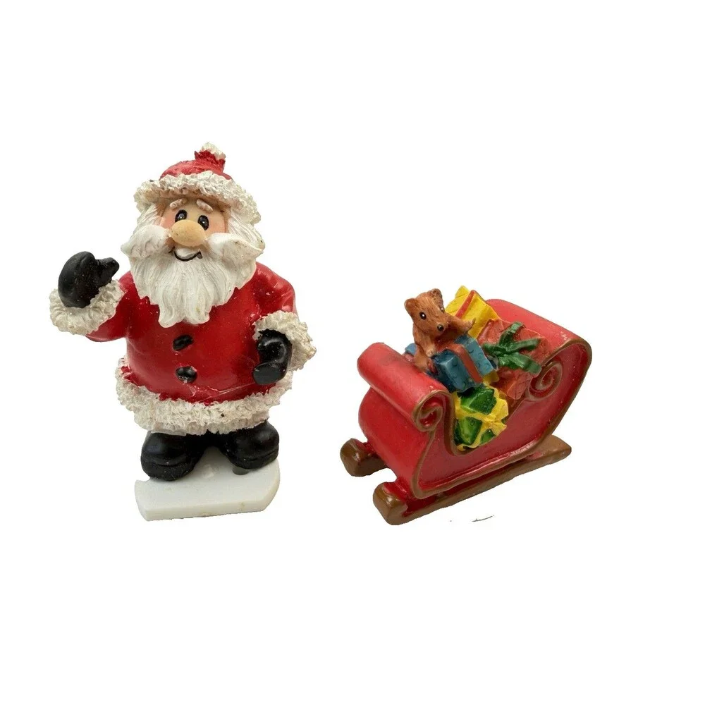 Vintage Santa Claus & Sleigh With Gifts Mouse Mini Figurine Set Christmas Decor